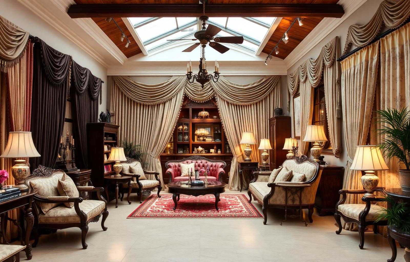 Showroom da Pink Decorações com cortinas, móveis e tecidos