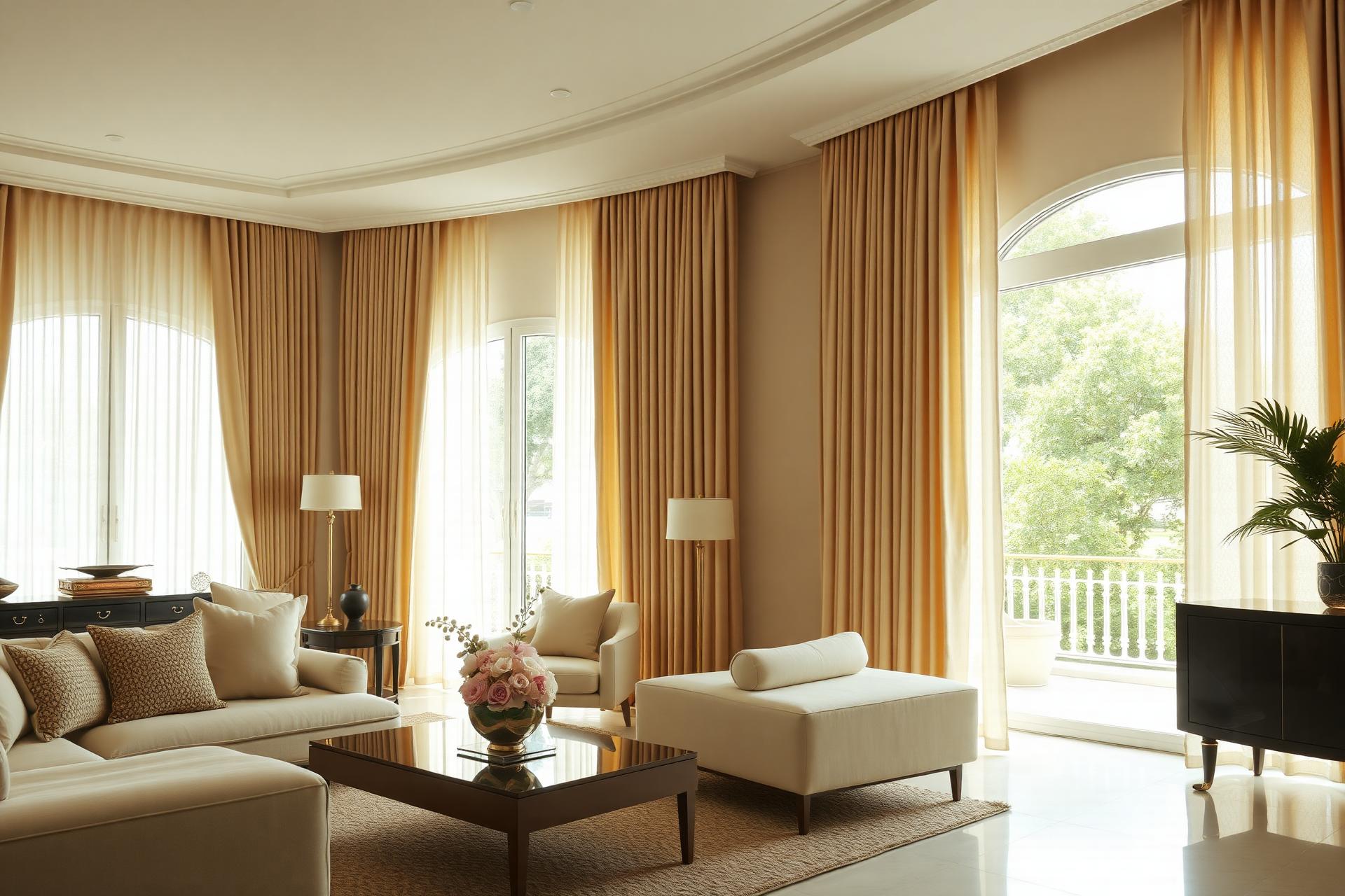 Sala de estar elegante decorada com cortinas sob medida em tons champagne
